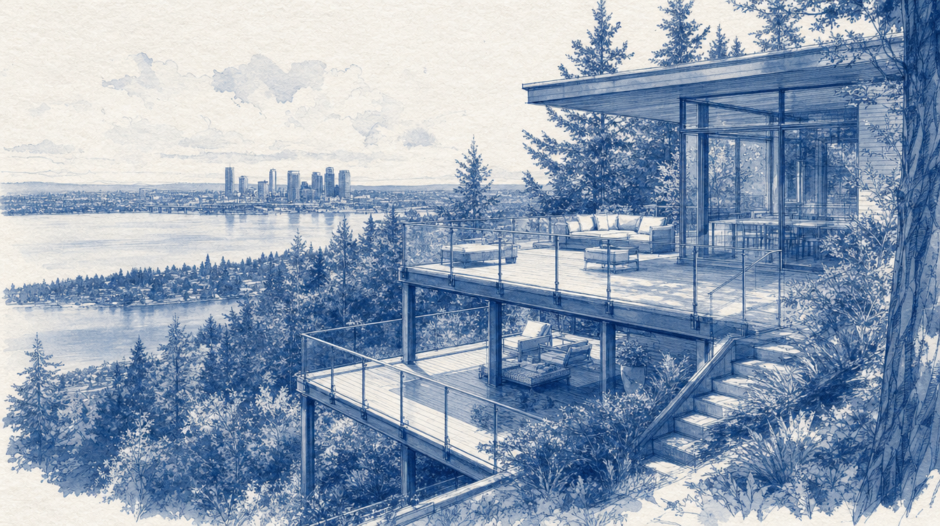 Illustration of a multi-level deck on a forested Bellevue hillside