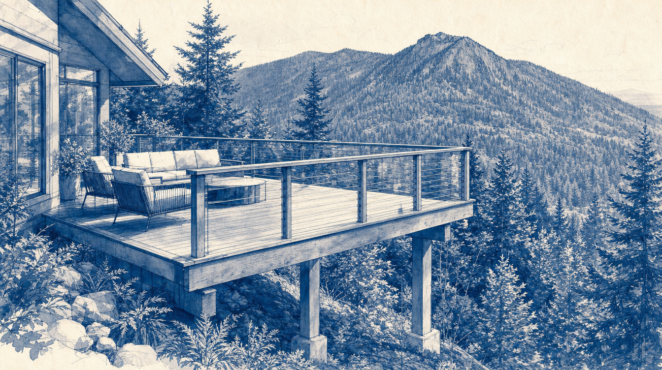 Illustration of a multi-level deck stepping down a steep wooded slope