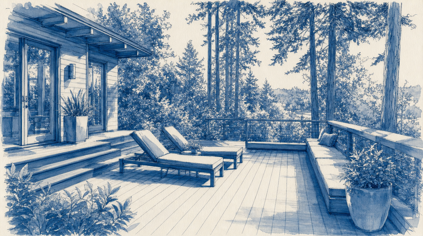 Illustration of a cedar deck set among Pacific Northwest evergreens