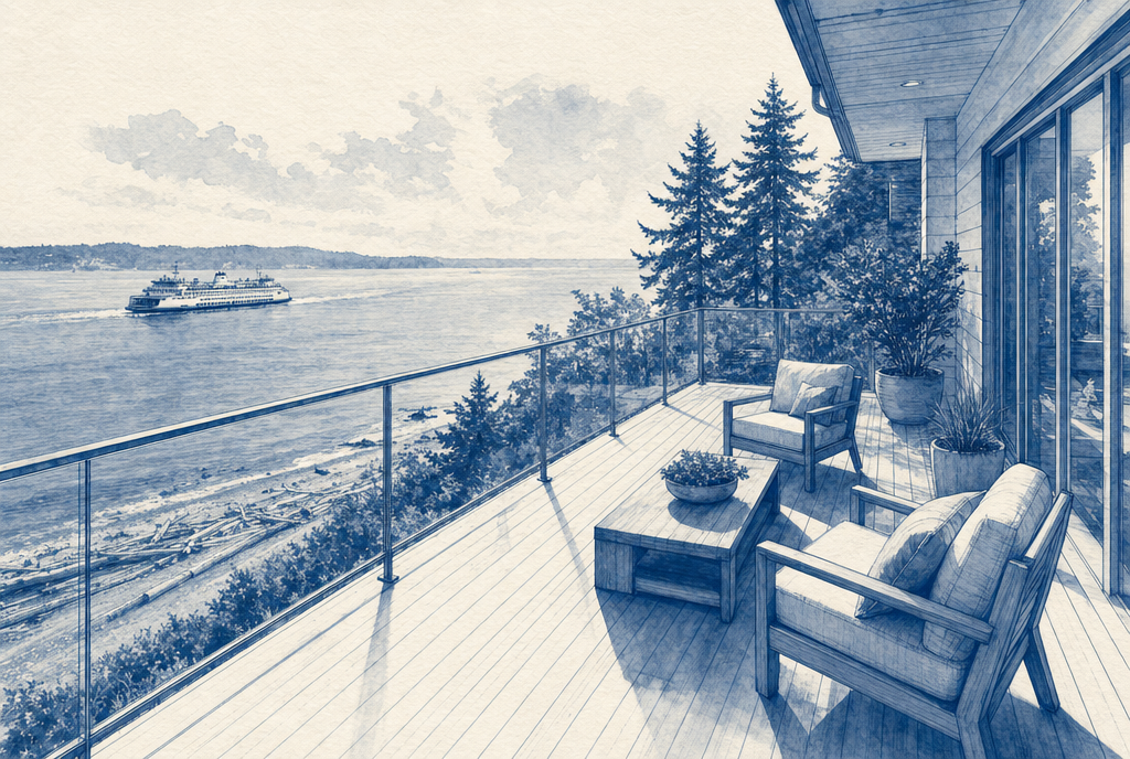 Illustration of a West Seattle waterfront deck with a glass railing overlooking Puget Sound